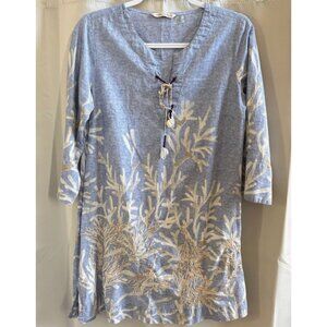 Soft Surroundings Tunic Top Shell Seeker Size PM Blue Embroidered Reef 19196‎